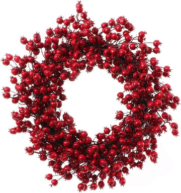 Floral Home by Artificial Flowers Red Hawthorn Berry Wreath, 22" Wide, Set of 2, Indoor/Outdoor Use, Holiday Xmas Accents, Christmas Wreaths for Home & Office Decor